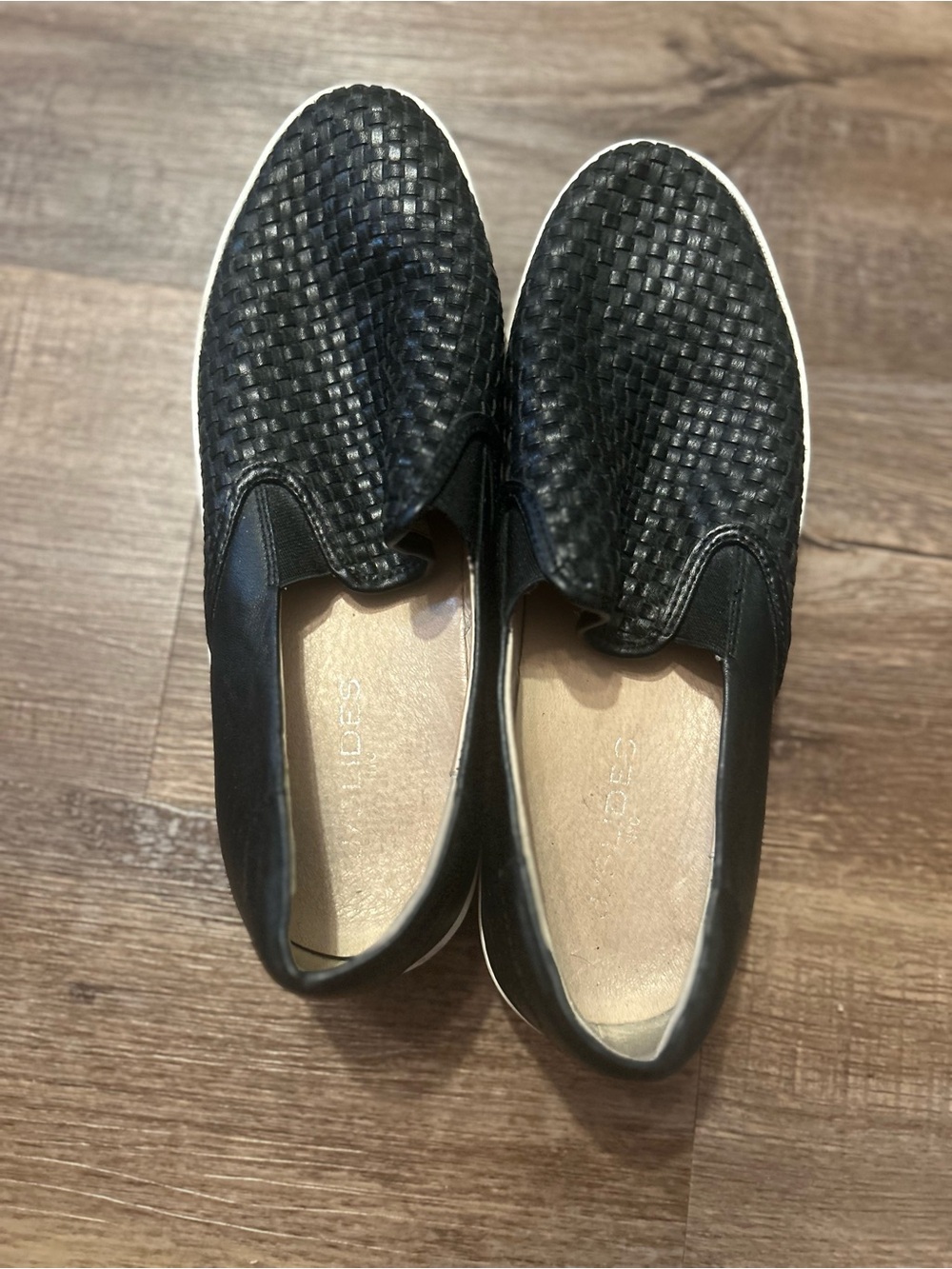 J Slides Black Woven Slip-On Flats with Wedged Heel